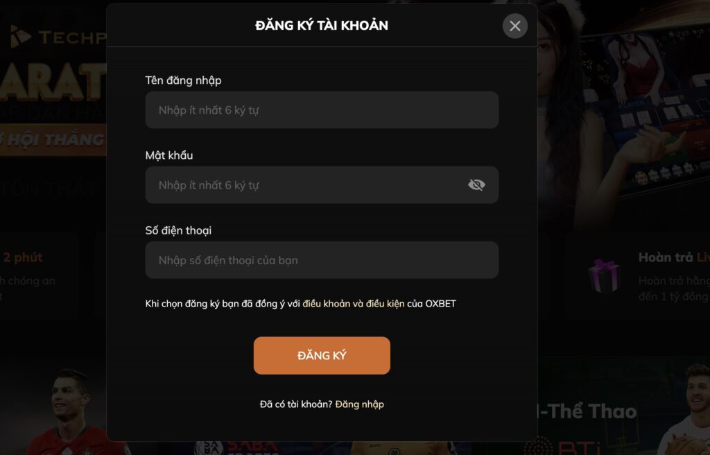 Form đăng ký nhà cái OxBet